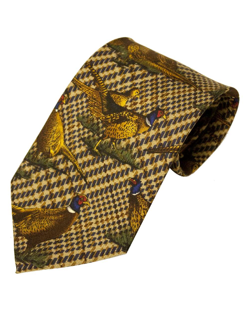 Green Large Pheasants Style Bisley Silk Tie on white background 