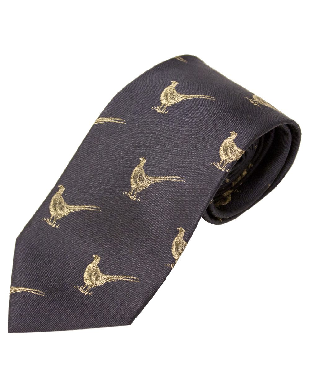 Navy Pheasants Style Bisley Silk Tie on white background 
