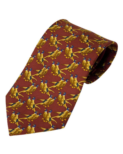 Solid Red Pheasants Style Bisley Silk Tie on white background 