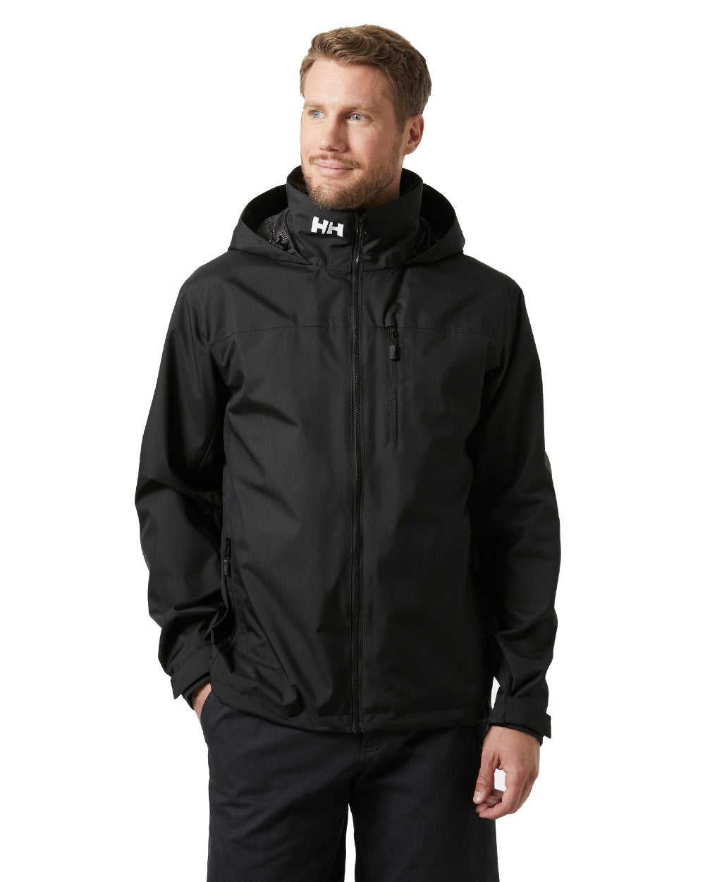 Black coloured Helly Hansen Mens Crew Hooded Jacket 2.0 on grey background 