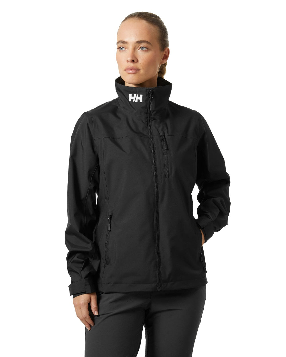 Black coloured Helly Hansen Womens Crew Sailing Jacket 2.0 on white background 