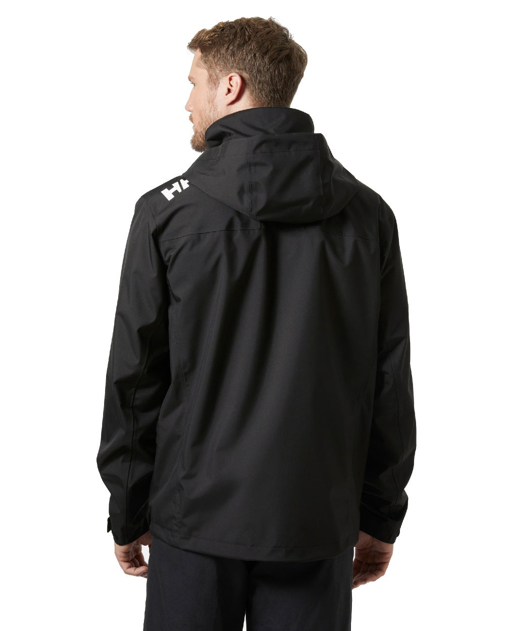 Black coloured Helly Hansen Mens Crew Hooded Jacket 2.0 on grey background 