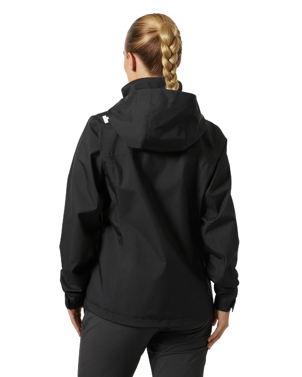 Black coloured Helly Hansen womens crew hooded sailing jacket 2.0 on white background 