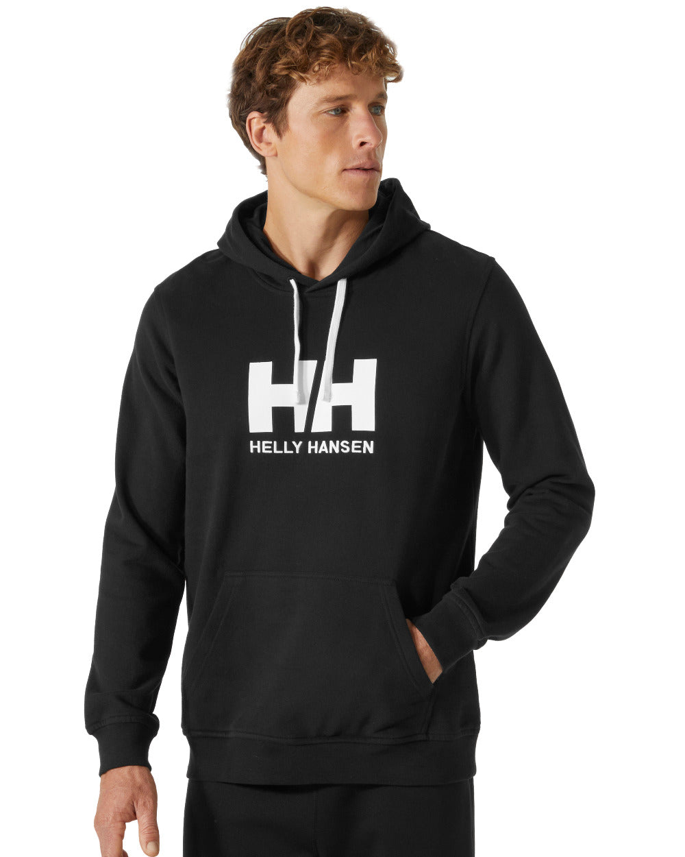 Black Coloured Helly Hansen Mens Logo Hoodie On A White Background 