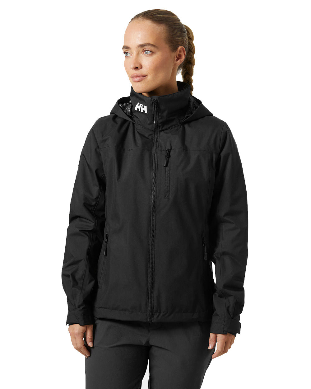 Black Coloured Helly Hansen Womens Crew Hooded Midlayer Sailing Jacket 2.0 On A White Background 