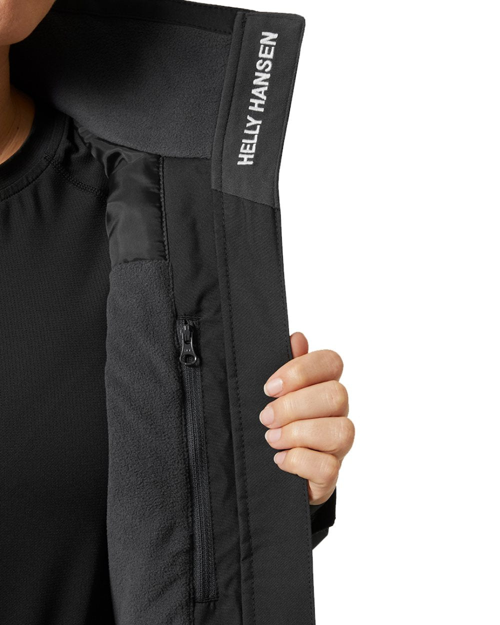 Black Coloured Helly Hansen Womens Crew Hooded Midlayer Sailing Jacket 2.0 On A White Background 