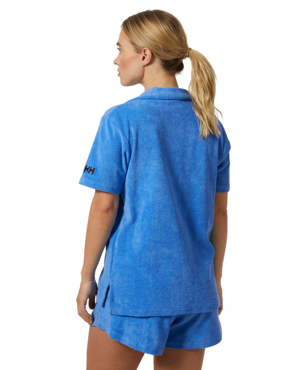 Ultra Blue coloured Helly Hansen womens siren towelling shirt on white background 