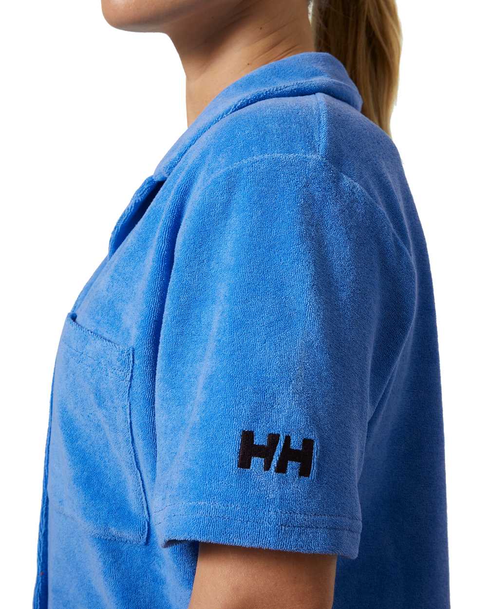 Ultra Blue coloured Helly Hansen womens siren towelling shirt on white background 