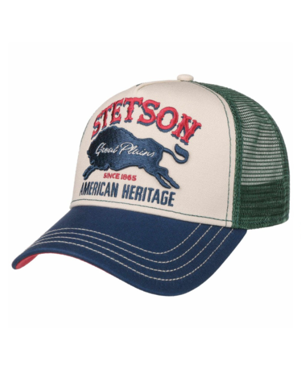 Blue/Sand coloured Stetson Great Plains Trucker Cap on White background 