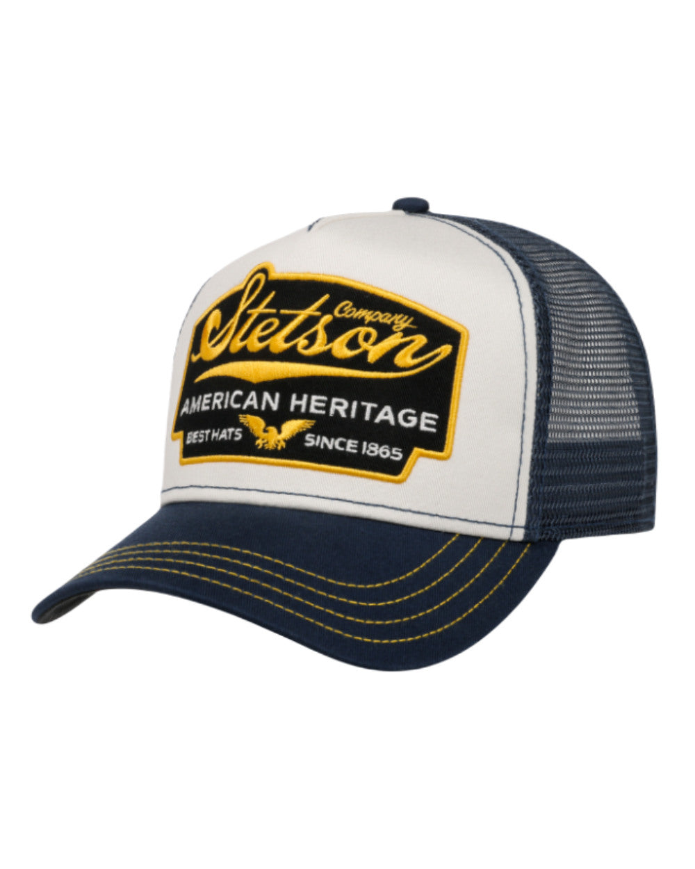 Blue/White coloured Stetson American Heritage Trucker Cap on White background 