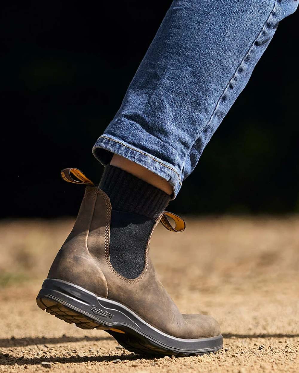 Rustic Brown Coloured Blundstone 2056 Rustic Brown Chelsea Boots on  outdoor background 