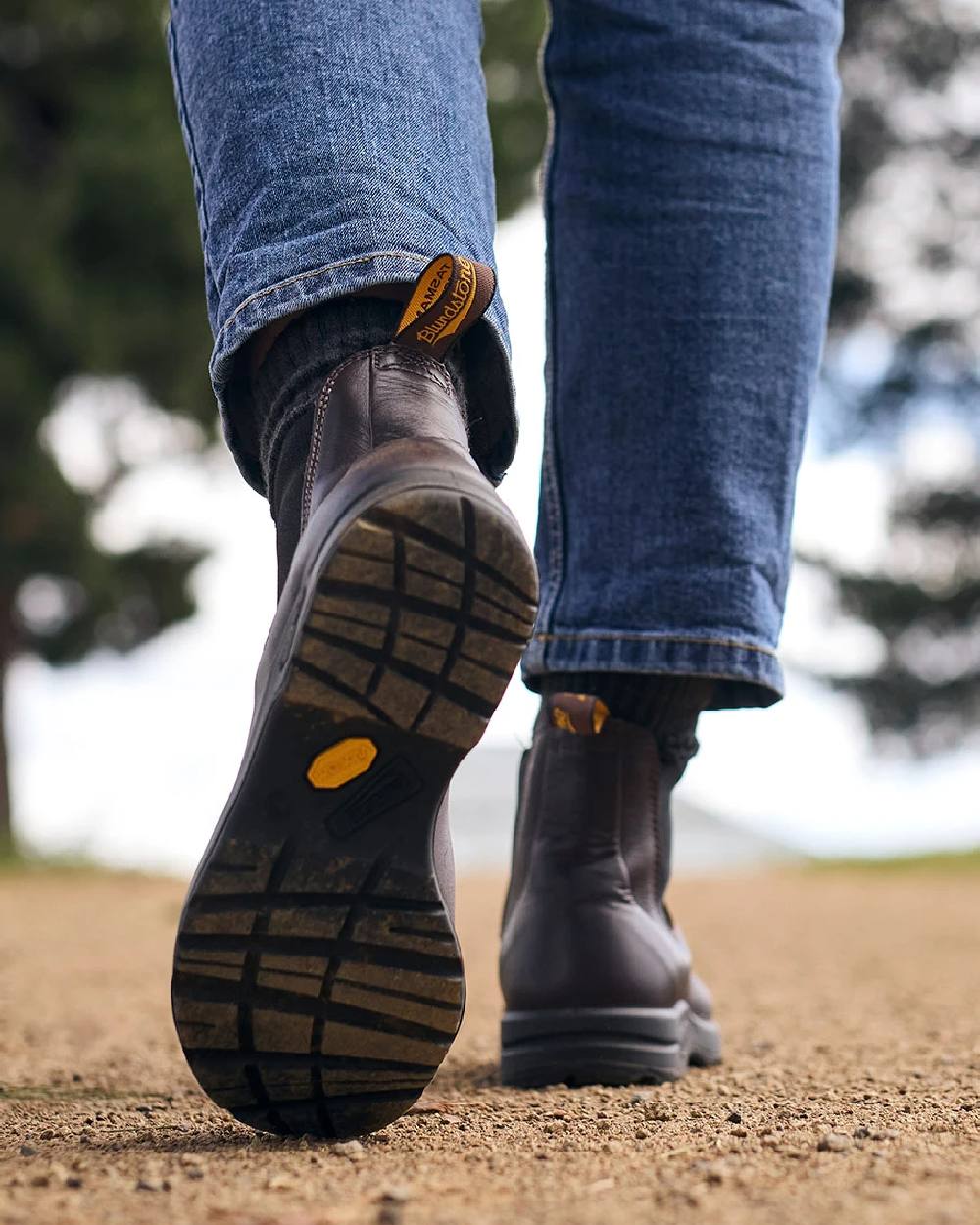 Cocoa Brown Coloured Blundstone 2057 Cocoa Brown Chelsea Boots on  outdoor background 