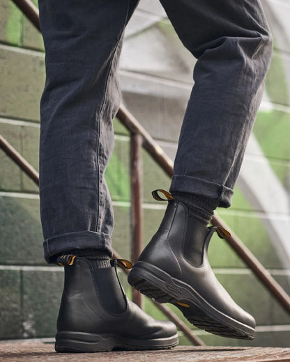 Black Coloured Blundstone 2058 Black Chelsea Boots on outdoor background 