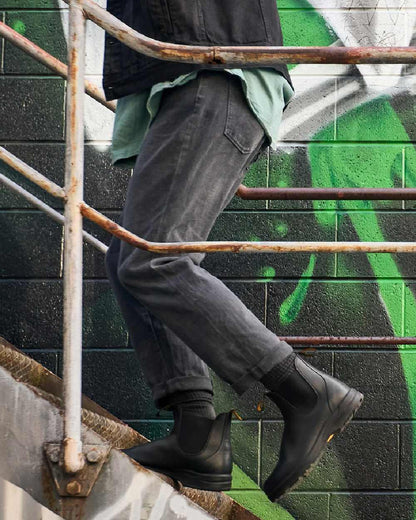 Black Coloured Blundstone 2058 Black Chelsea Boots on outdoor background 