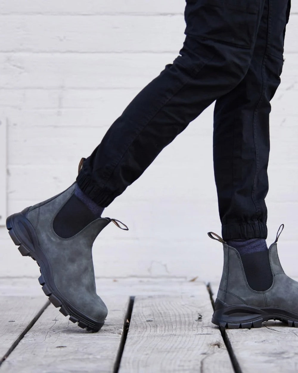 Rustic Black coloured Blundstone 2238 Leather Chelsea Boots on street background 