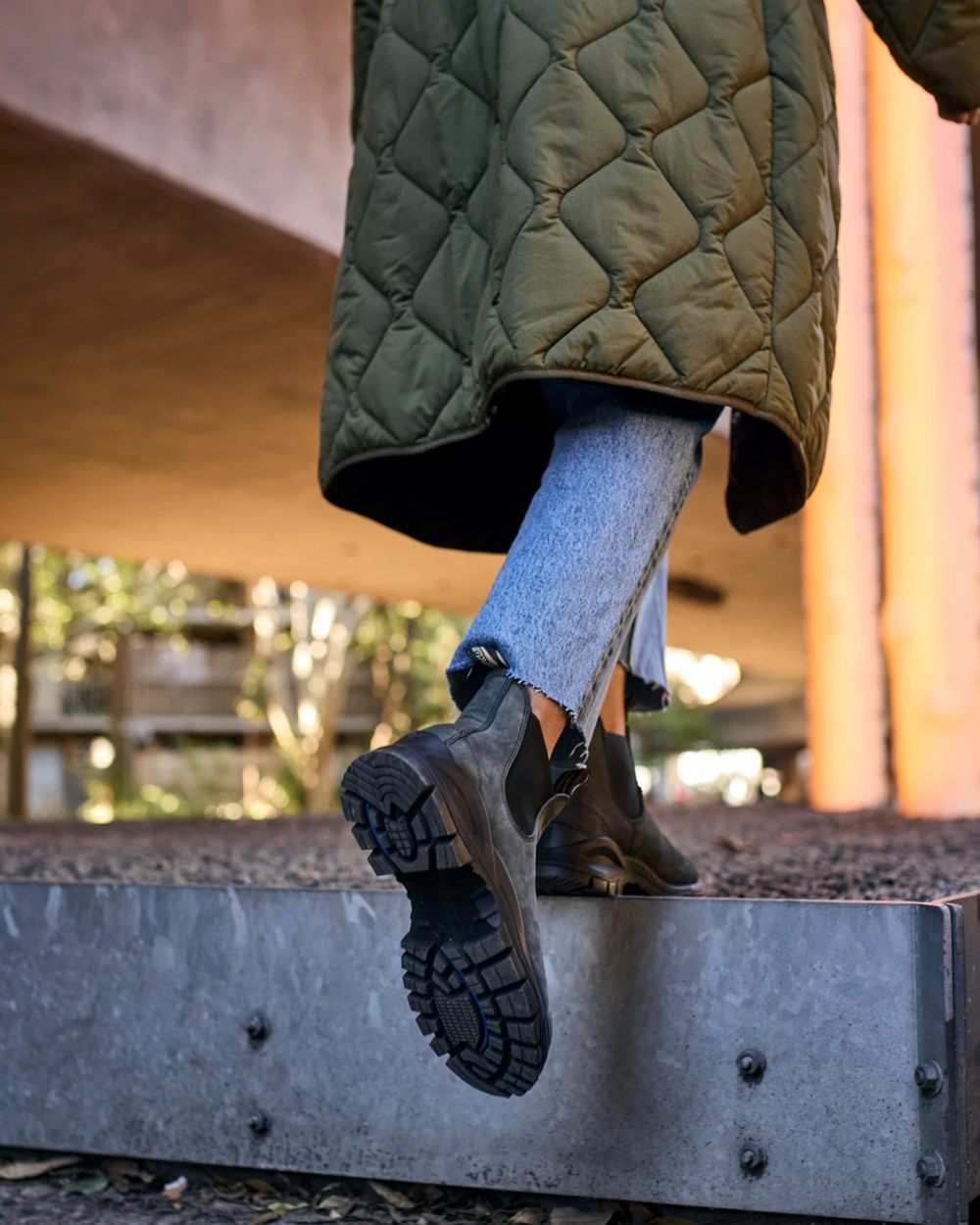 Rustic Black coloured Blundstone 2238 Leather Chelsea Boots on street background 