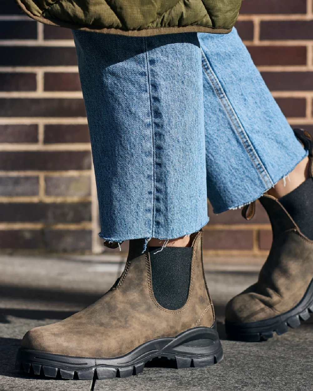 Rustic Brown coloured Blundstone 2239 Leather Chelsea Boots on street background 