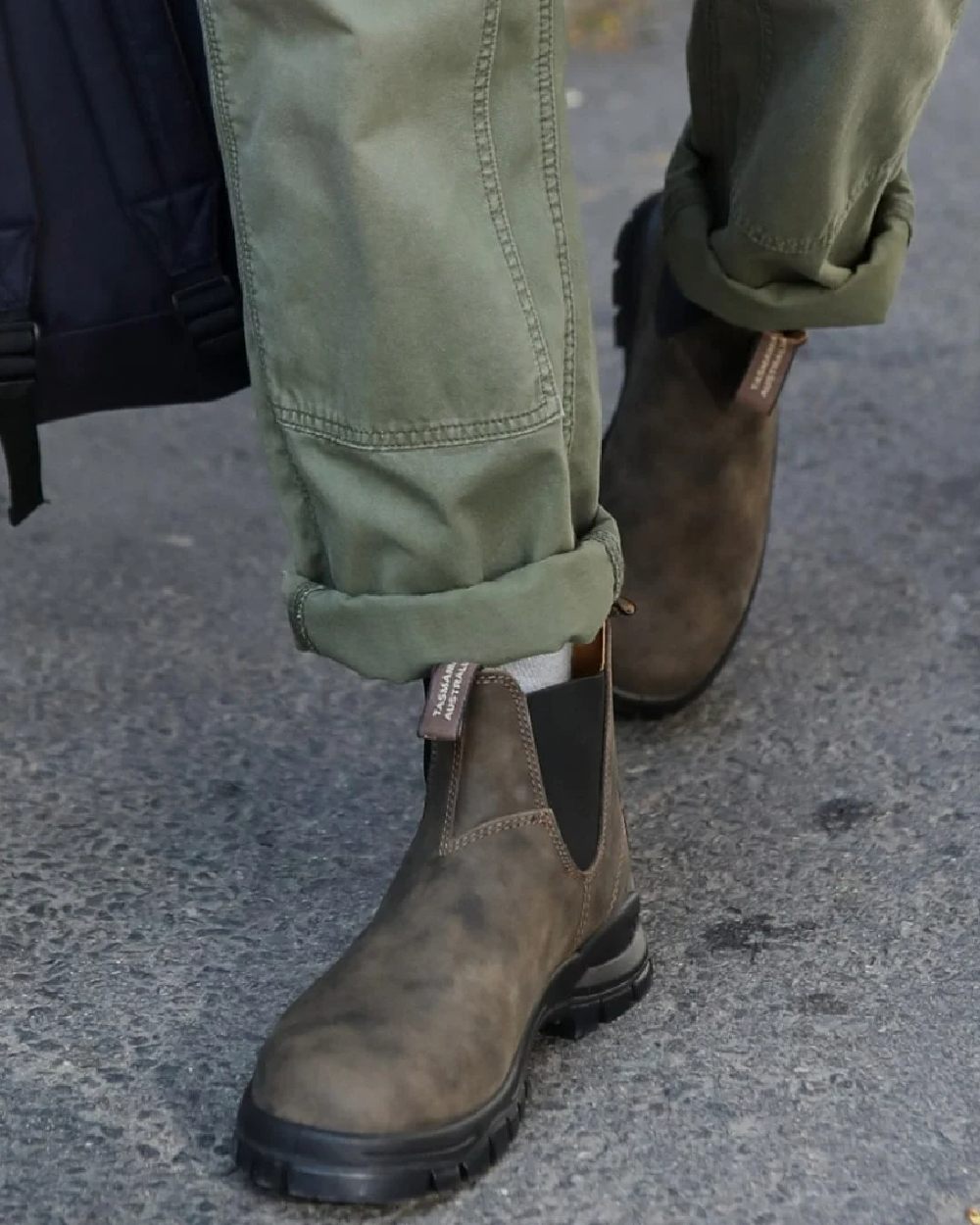 Rustic Brown coloured Blundstone 2239 Leather Chelsea Boots on street background 