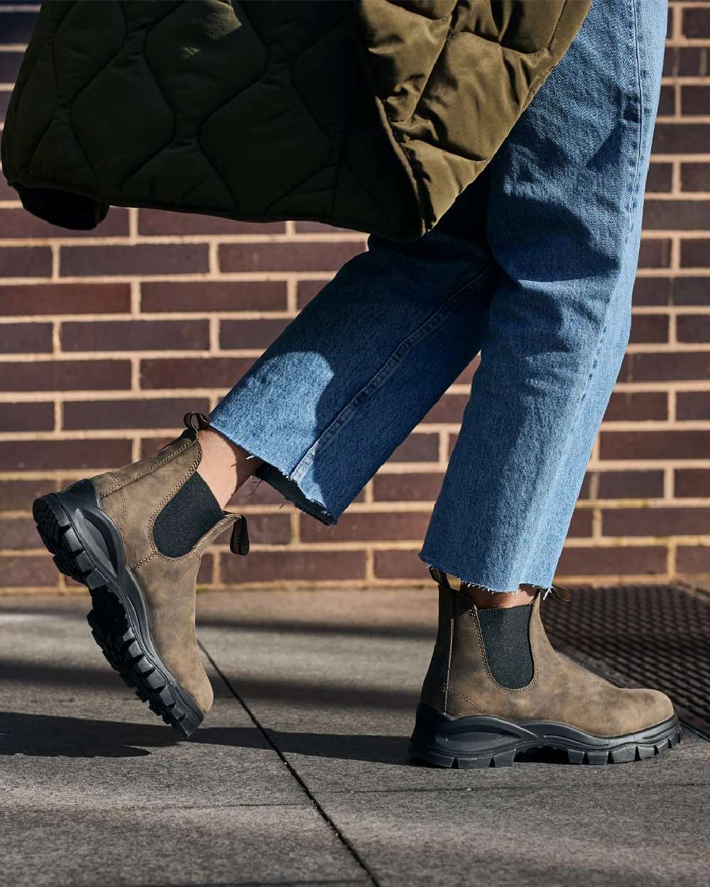 Rustic Brown coloured Blundstone 2239 Leather Chelsea Boots on street background 