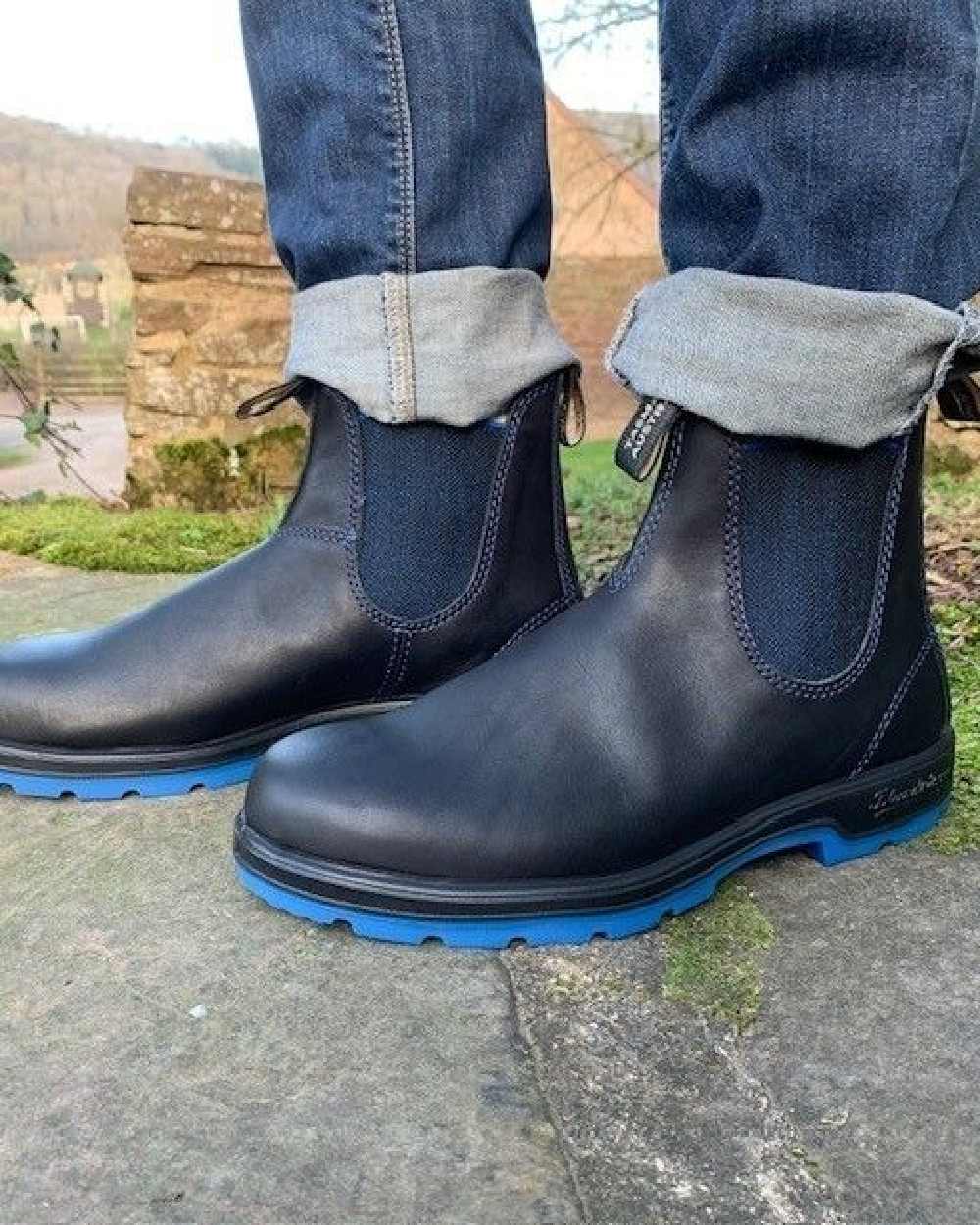 Black Blue Black Coloured Blundstone 2343 Black Blue Black Chelsea Boots on outdoor background 