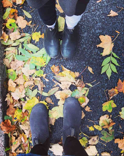 Black Coloured Blundstone Childrens 531 Black Leather Boots on outdoor background 