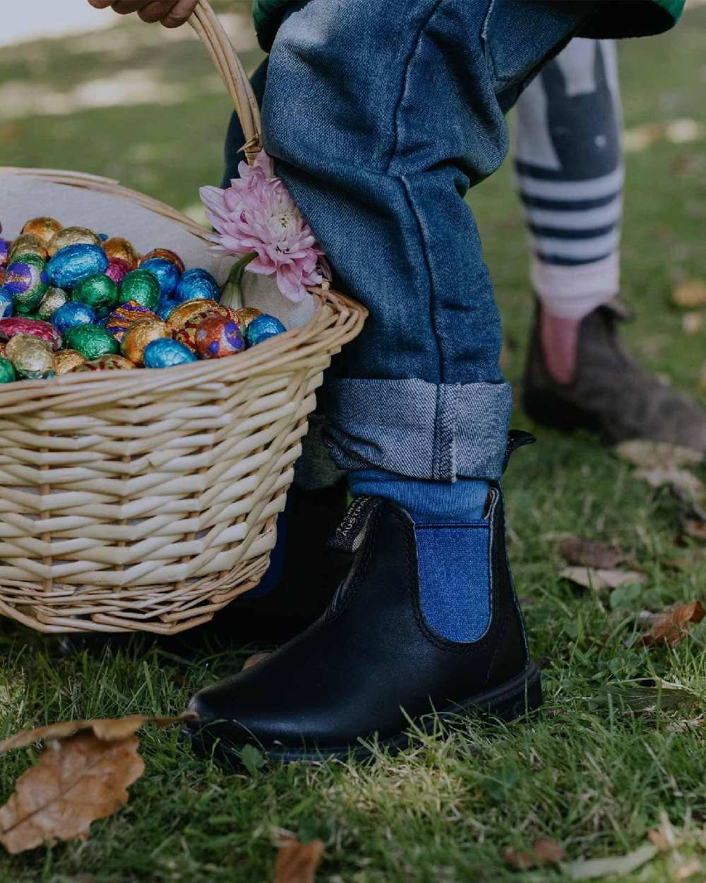 Black Blue Coloured Blundstone Childrens 580 Black Blue Chelsea Boots on outdoor background 