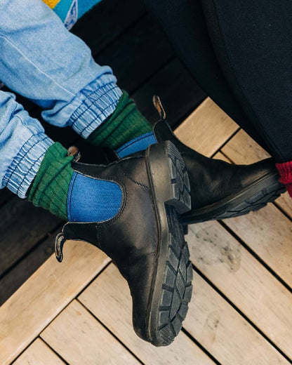 Black Blue Coloured Blundstone Childrens 580 Black Blue Chelsea Boots on indoor background 