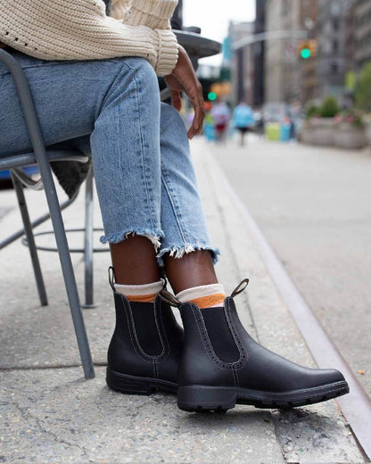 Black Coloured Blundstone Womens 1448 Black Chelsea Boots on outdoor background 