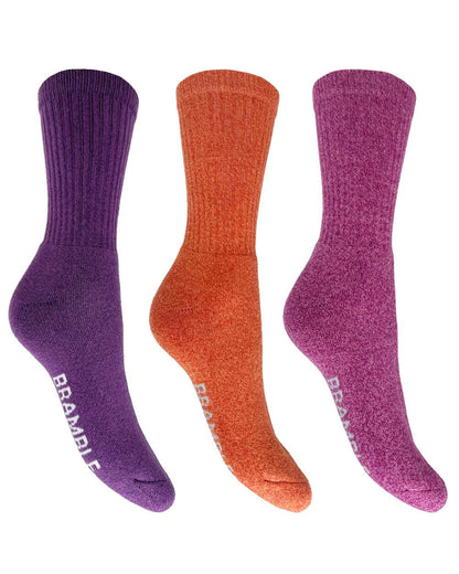 Purple Pink Orange Bramble Womens All Terrian Socks Triple Pack on white background 