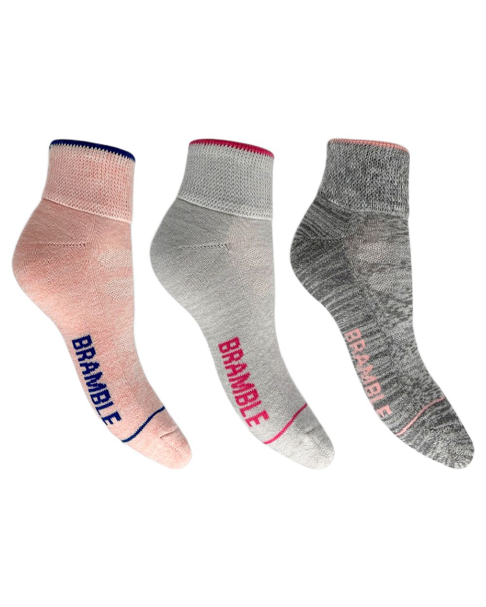 Grey Pink Coloured Bramble Womens Low Cut Trail Socks Triple Pack on white background 