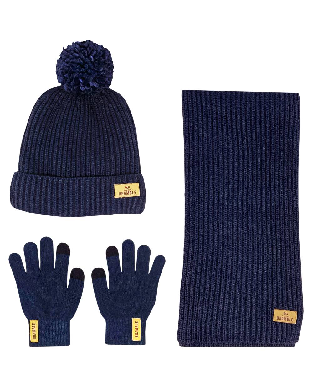 Navy coloured Bramble Womens Three Piece Ribbed Hat Gloves Scarf Set on white background 