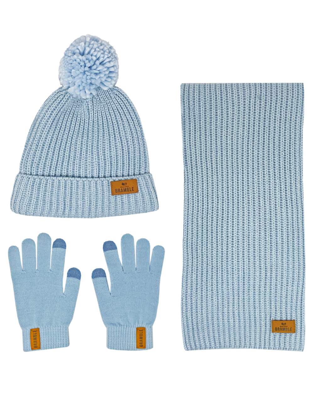 Sky Blue coloured Bramble Womens Three Piece Ribbed Hat Gloves Scarf Set on white background 
