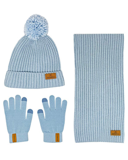 Sky Blue coloured Bramble Womens Three Piece Ribbed Hat Gloves Scarf Set on white background 