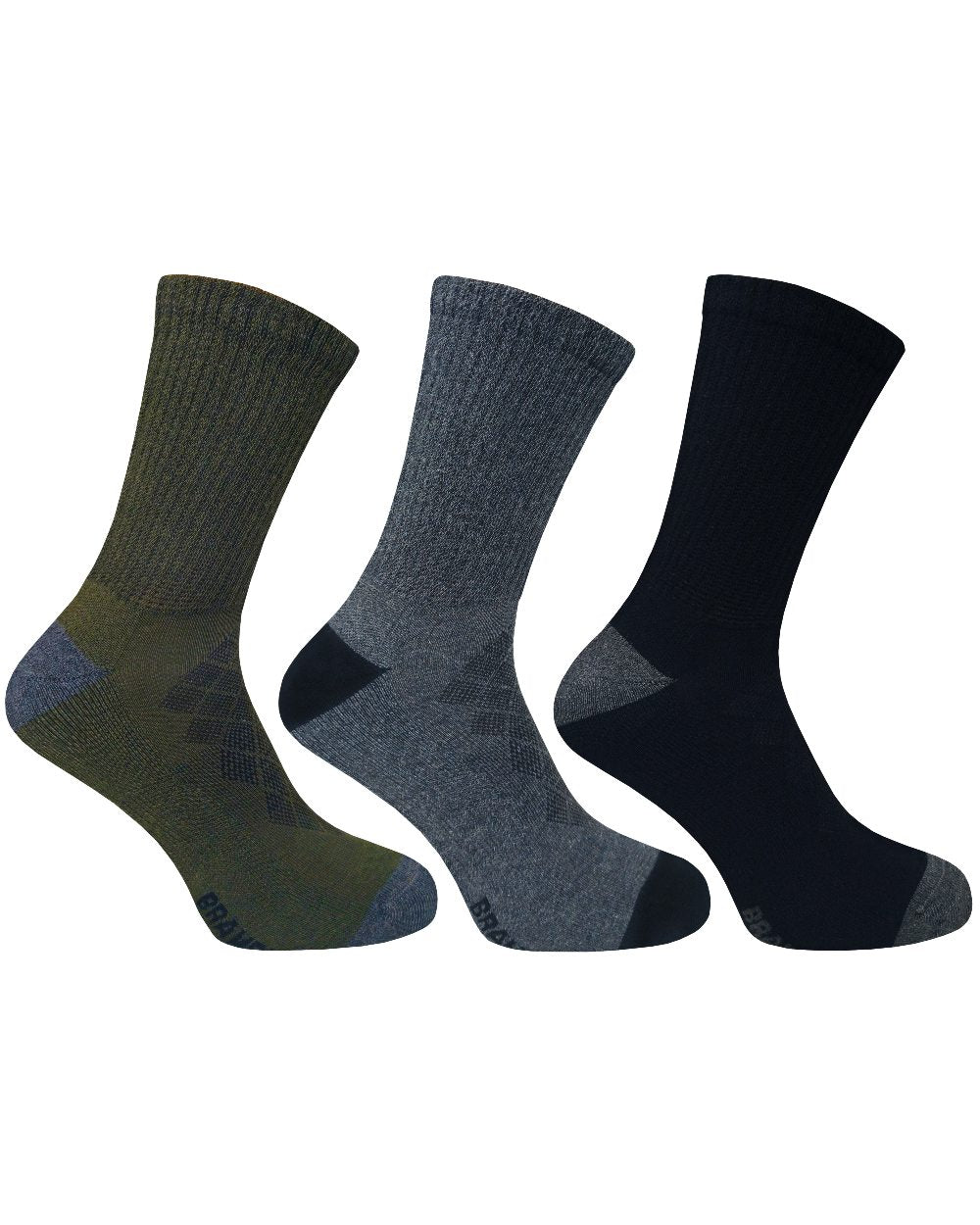 Khaki Grey Black coloured Bramble Mens Comfort Top Socks Triple Pack on white background 