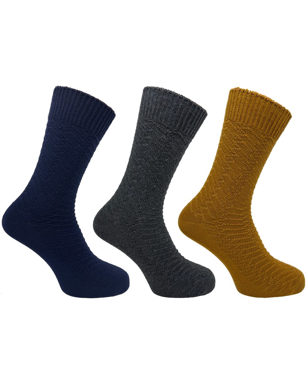 Navy Grey Mustard coloured Bramble Mens Textured Casual Boot Socks Triple Pack on white background 
