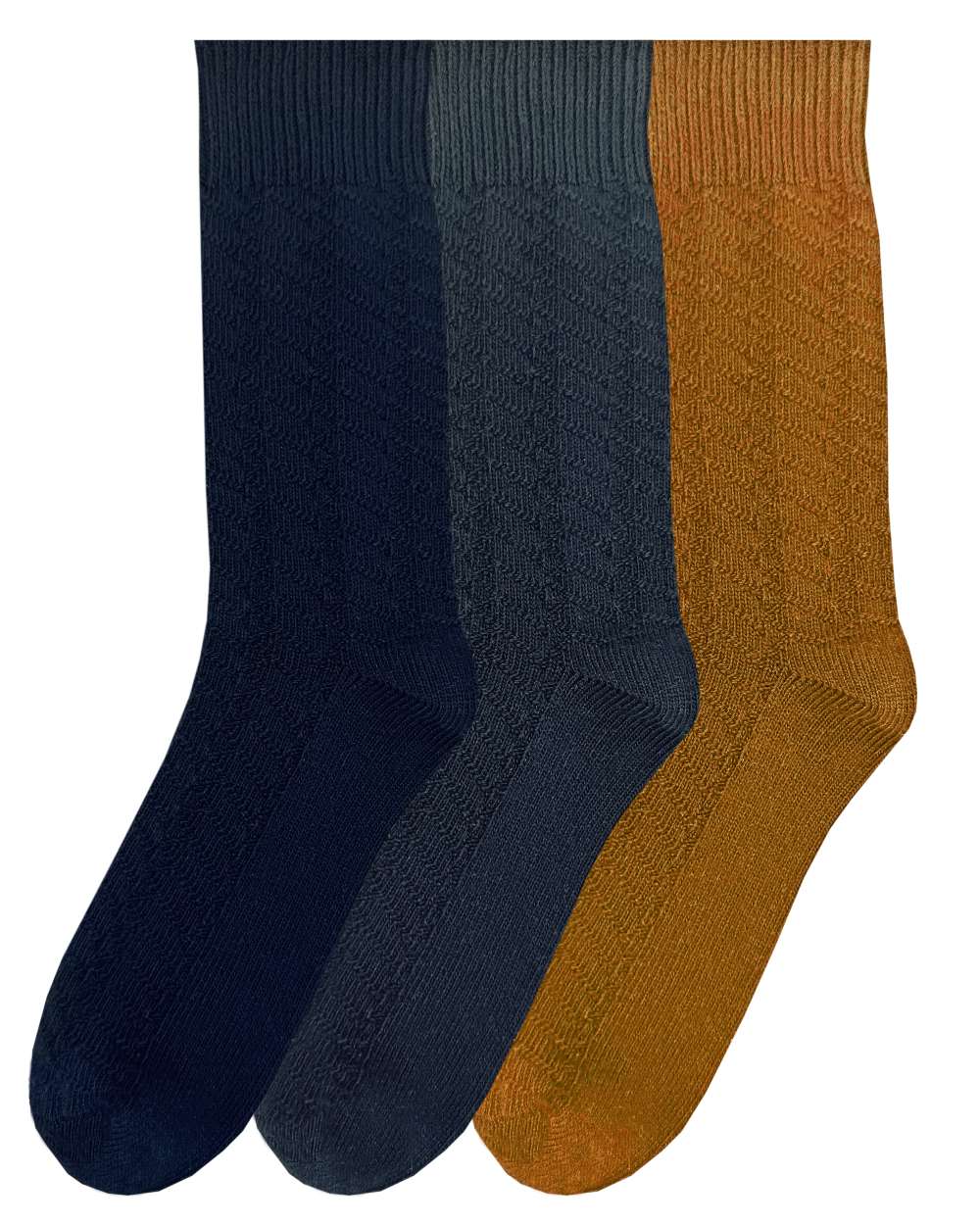 Navy Grey Mustard coloured Bramble Mens Textured Casual Boot Socks Triple Pack on white background 