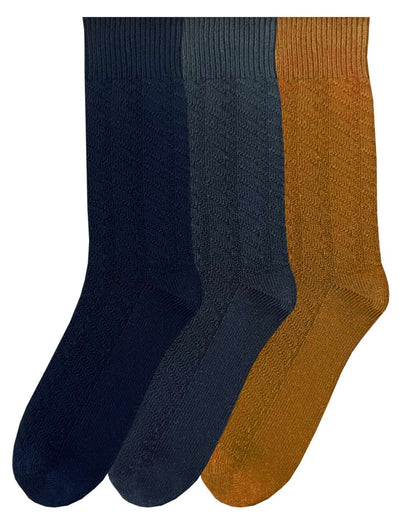 Navy Grey Mustard coloured Bramble Mens Textured Casual Boot Socks Triple Pack on white background 