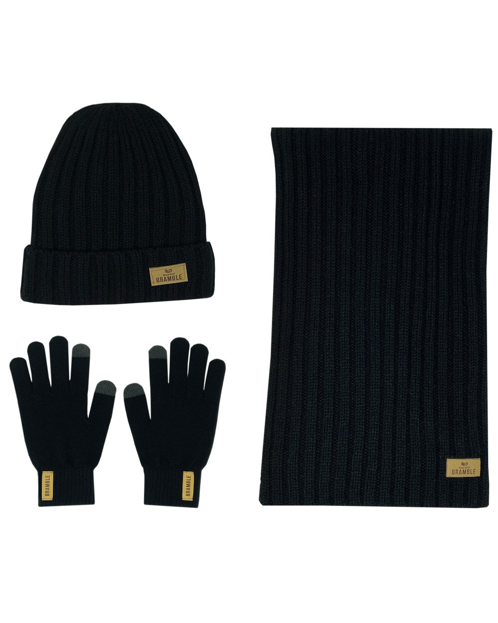 Black coloured Bramble Mens Three Piece Ribbed Hat Gloves Scarf Set on white background 