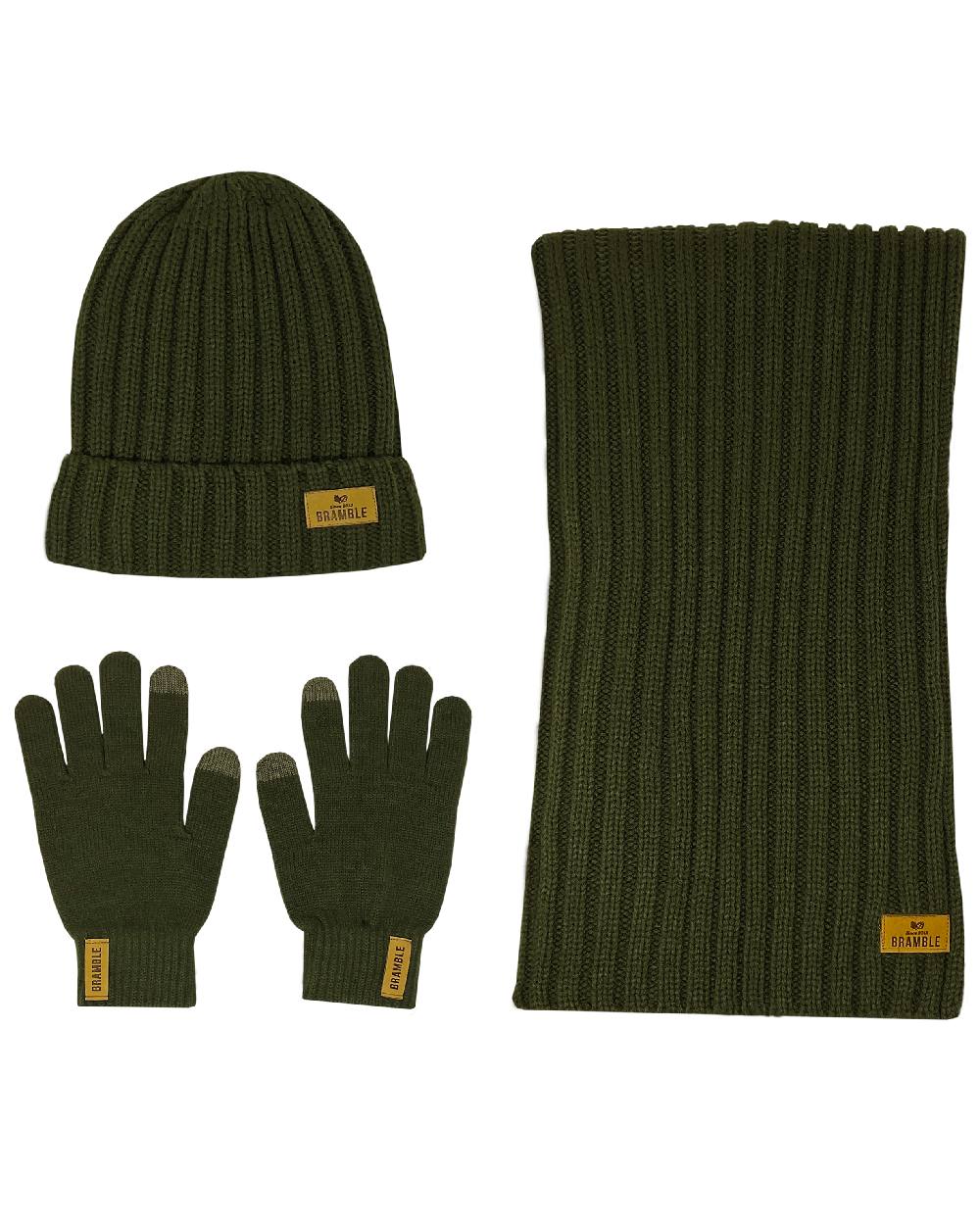Khaki coloured Bramble Mens Three Piece Ribbed Hat Gloves Scarf Set on white background 