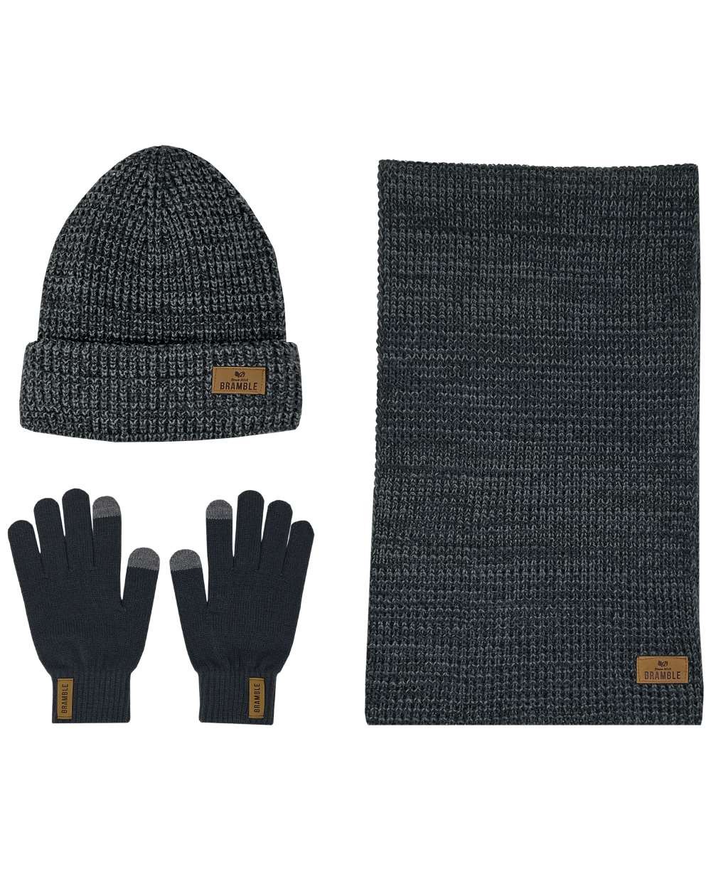 Grey coloured Bramble Mens Three Piece Waffle Hat Gloves Scarf Set on white background 