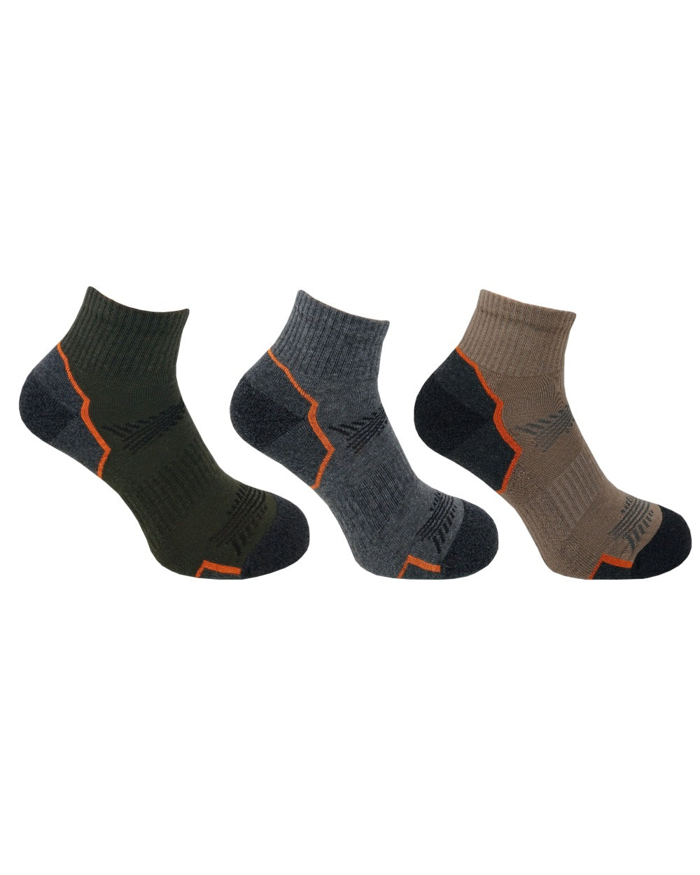 Khaki Grey Oat coloured Bramble Mens Tipping Lowcut Socks Triple Pack on white background 