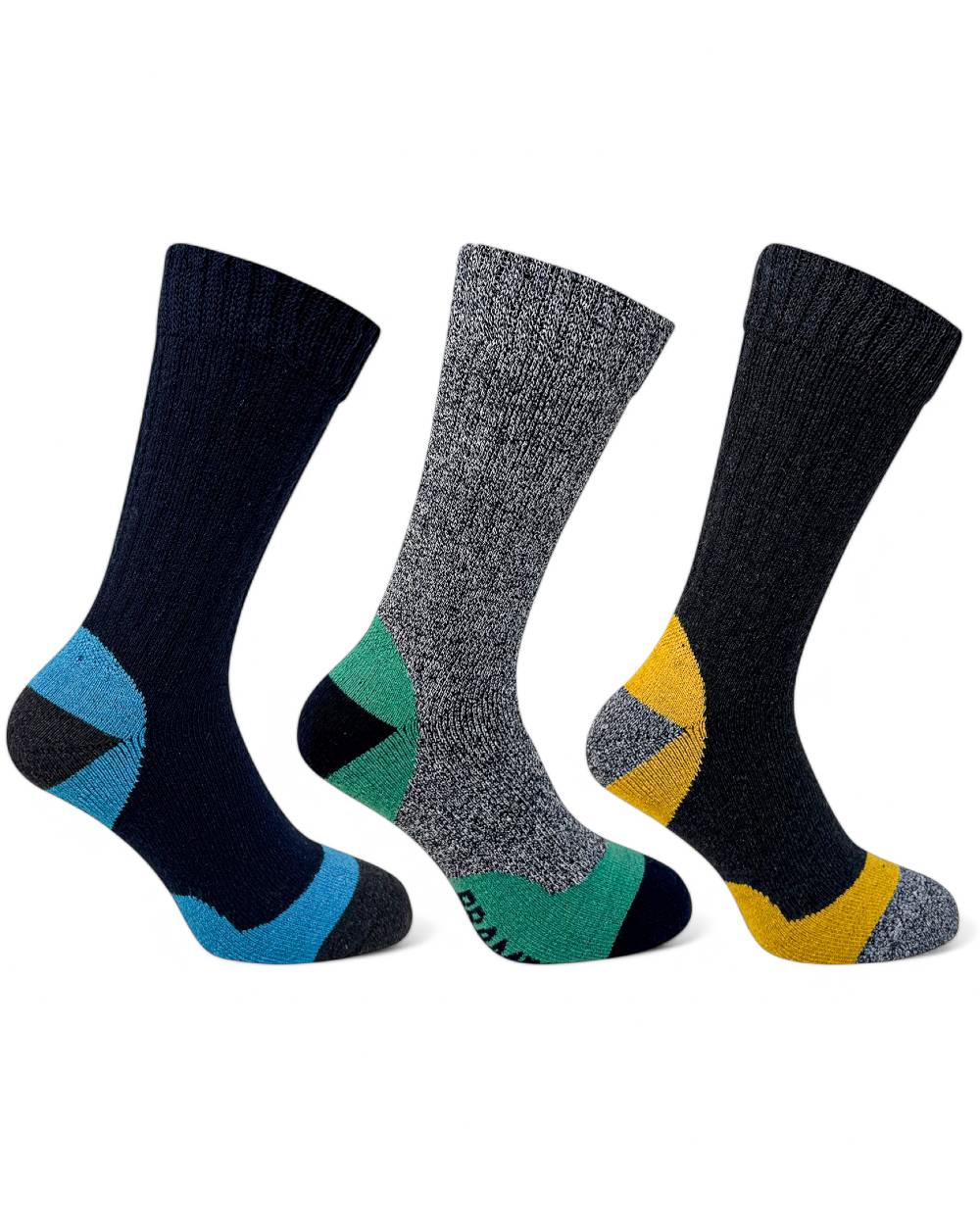 Navy Grey Mix coloured Bramble Mens Trekker Socks Triple Pack on white background 