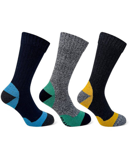 Navy Grey Mix coloured Bramble Mens Trekker Socks Triple Pack on white background 