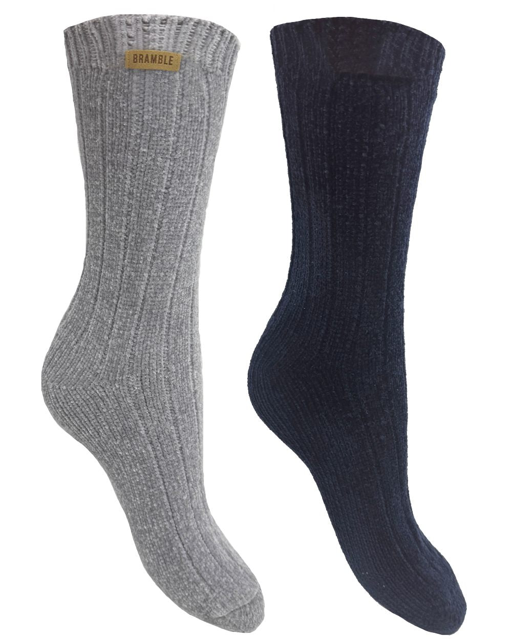 Grey Navy coloured Bramble Womens Ribbed Chenille Bed Socks Twin Pack on white background