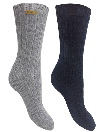 Grey Navy coloured Bramble Womens Ribbed Chenille Bed Socks Twin Pack on white background