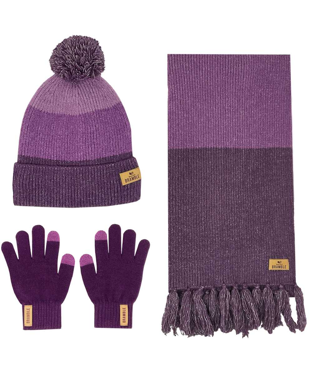 Purple Mix coloured Bramble Three Piece Colour Block Hat Gloves Scarf Set on white background 