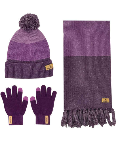 Purple Mix coloured Bramble Three Piece Colour Block Hat Gloves Scarf Set on white background 