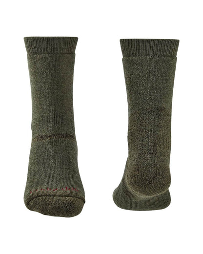Front and back of Olive coloured Bridgedale Heavyweight Merino Performance Socks on a white background 