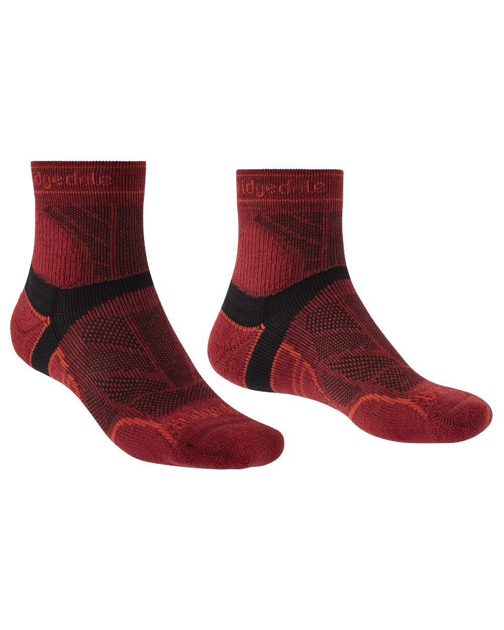 Red coloured Bridgedale Mens Lightweight T2 Merino Sport 3/4 Crew Socks on white background