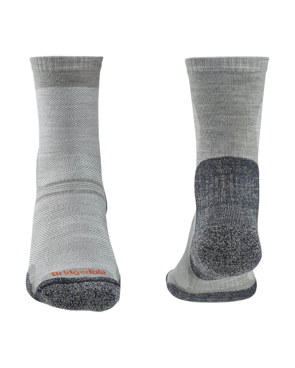 Gunmetal coloured Bridgedale Ultra Light Merino Performance Crew Socks on white background 